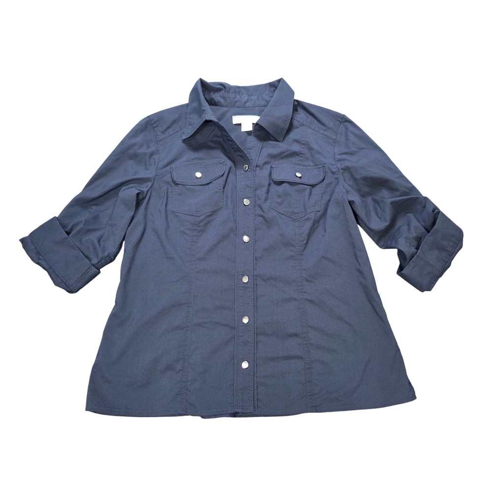 Christopher & Banks Button Down Shirt Women's Size S Navy Roll Tab Sleeve Snap
